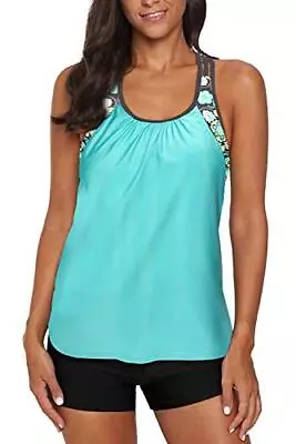 REKITA Womens Swimsuits Color Block Tankini Top Boyshort Swimwear T Back-green • $23.99