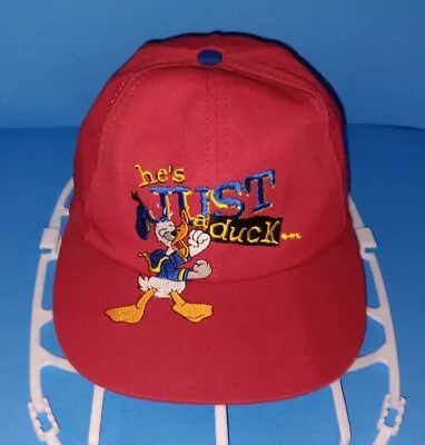 Vintage 90s Donald Duck  HE'S JUST A DUCK  Red Snapback Hat - GOOFY'S HAT CO USA • $30