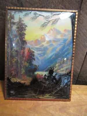 Vintage Convex Silhouette Reverse Paint Picture-Indian In Canoe • $19.99