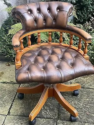 Fine Antique Style  Tan Leather  Swivel Office Captains  Armchair We Deliver • £535
