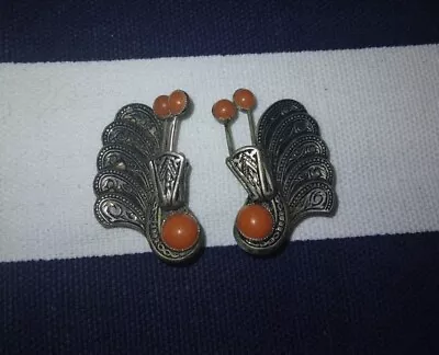 VINTAGE Art Deco Butterfly Orange Bead Silvertone Clip Depression Era Earrings • $29.95