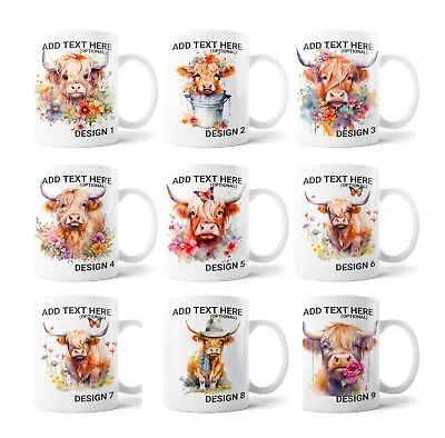 Personalised Highland Cow Mug Ladies Girls Gift Scottish Optional Custom Text • £11.95