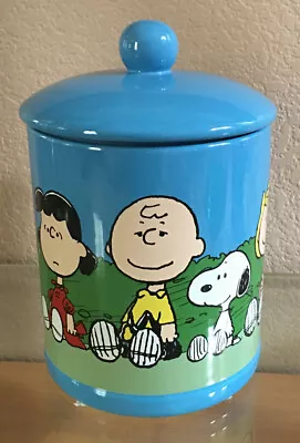 NWT Peanuts Gang Charlie Brown Snoopy Linus Lucy 12  Blue Cookie Jar    • $45