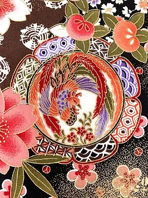 £5.16 • Buy Japanese Fabric, Oriental Phoenix  Floral Orange Pink Gold Black Metallic Cotton