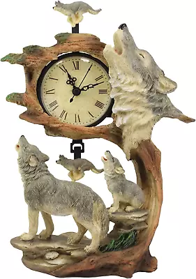 Ebros Moon Dancers Howling Gray Wolves Family Table Clock With Pendulum Alpha Wo • $40.91