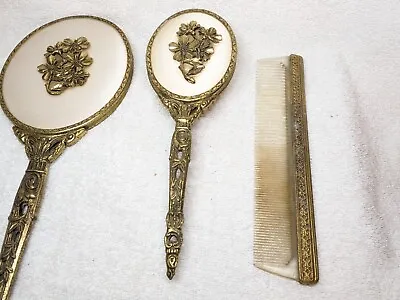 Vintage Globe 24k Gold Plated Vanity Dresser Set Hand Mirror Comb Brush • $76