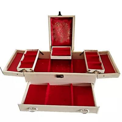 1960s Mele Jewelry Box 3 Tier Plus Drawer Off-White Red Velvet Interior- Vintage • $57.95