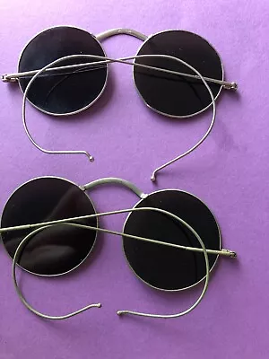 2 Vintage Sunglasses Platinum Color Wire Frames Greenish Lens Crews Willson Cool • $34.83