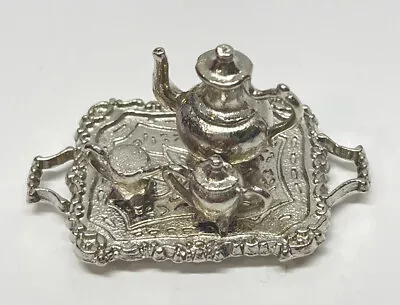 Dollhouse Miniature Tea Set Silver Tray Teapot Cream Sugar Ornate Coffee Vintage • $14.99