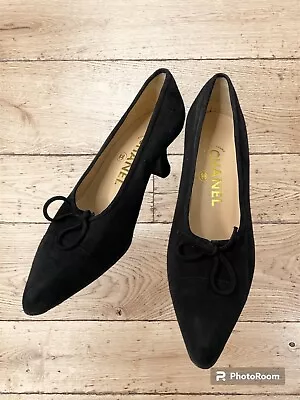 Chanel Kitten Heels Black Suede Bow Made In France 37 USA 6 • $155.75