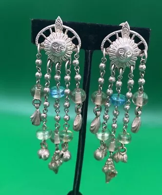 Vintage Silver Tone Signed Kirks Folly Sun Glass Dangling Clip Earrings 4” • $50.99