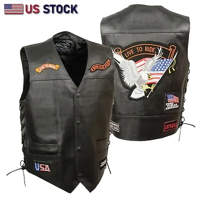 Vest Leather Biker Black Real Cow Motorcycle 9 Patches US Flag Eagle MC ELM3930 • $39.99