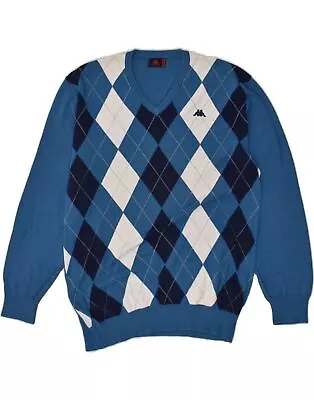 KAPPA Mens V-Neck Jumper Sweater 2XL Blue Argyle/Diamond Cotton BC09 • £24.42