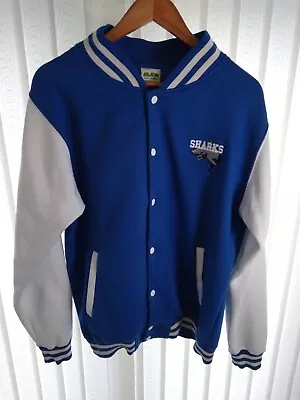 £14.85 • Buy VARSITY Baseball JACKET Blue & White SHARKS LOGO College Style Size L