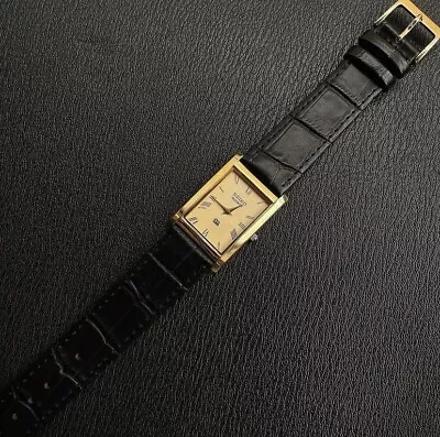 Seiko Slim Quartz GOLD FACE New Battery BLACK BAND Japanese Men's Wrist Watch • $19.99