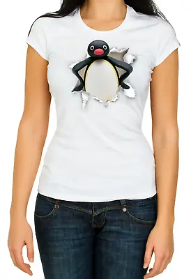 Torn Effect Pingu Noot Noot Funny White Women's 3/4 Short Sleeve T-Shirt K1042 • $20.62