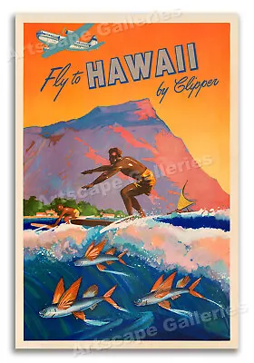 Fly To Hawaii - 1940s Vintage Surfing Travel Poster - 24x36 • $25.95