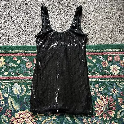 Vintage Dreamgirl Sequin Dress Large Black Tank Mini Short Club Party Rave Y2k • $25