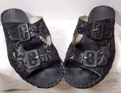 Italian Made La Plume Leather Leather Sandals Jen Tooled Nubuck Black US 6 EU 39 • $25