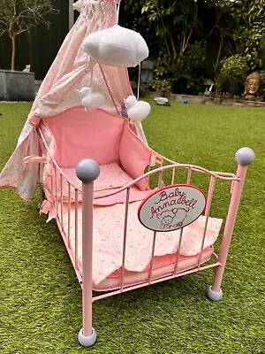 Zapf BABY ANNABELL Toy Metal Fold Down Baby Cot  Bedding And Musical Mobile VGC • £20