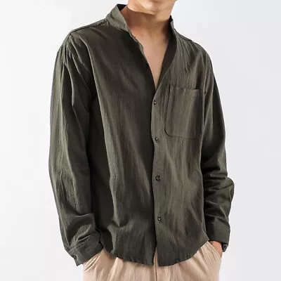 Men's Casual Shirt Cotton Linen Shirt Loose Top Long Sleeve Shirt  Breathable • £8.99