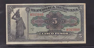 1915 - Republica Mexicana - Gobierno Constitucionalista 5 Pesos Banknote • $5.99
