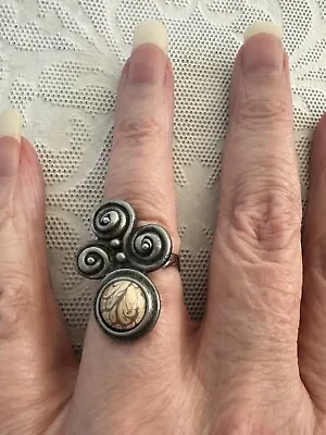 Silver Toned Swirl Pattern Ring W/Marbled Peach Colored Stone Adjustable 1” Wide • $15