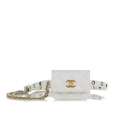 Authenticated Chanel Punk Chain White Lambskin Leather Belt Bag • $2061.64