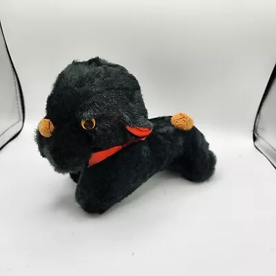 Vintage Black Dog Plush Googly Eyes Stuffed Animal Red Ears & Bow • $29.99