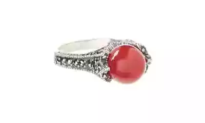 925 Sterling Silver Genuine Marcasite And Red Coral Ring - Sizes 5-9 • $11.99