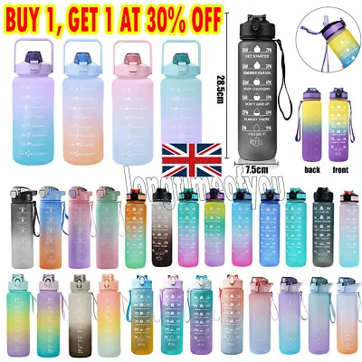 1L/2L Water Bottle Motivational Drink Flask With Time Marker BPA Free Sports Gym • £7.19