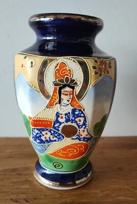 Vintage Japanese Satsuma Moriage Hand Painted Cobalt Blue Vase • $5.99