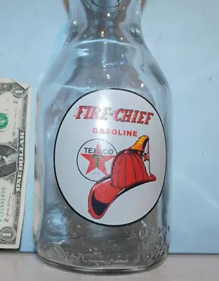 Texaco Fire Chief 1 QT GLASS ENGINE OIL BOTTLE Metal Spout Fire Helmet Logo G • $9.95