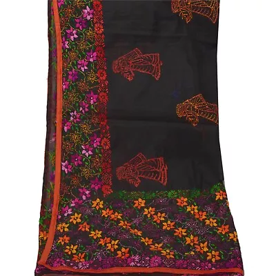 Sanskriti New Black Dupatta Hand Embroidered Phulkari Stole Chanderi Silk Hijab • $95