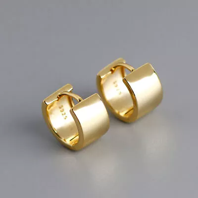 Womens Mens Sterling Silver Flat Wide Huggie Hoop Hinged Earrings A4338 • $22.99