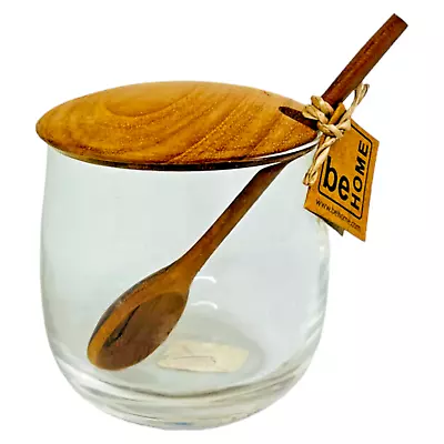 Teak Wood Mini Glass Jar Lid Spoon Honey Condiment Be Home Artisan Handmade NWT • $23.80