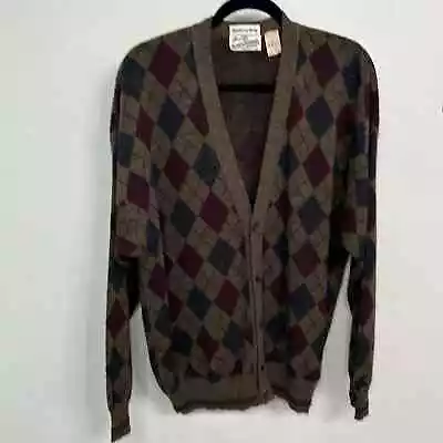 Vintage Sears Roebuck Wool Blend Argyle Cardigan Knitted In Italy Large • $32