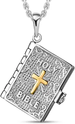 Holy Bible Necklace 925 Sterling Silver Openable Bible Verse Christian Pendant • $128.95