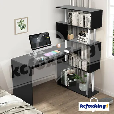 Computer Desk Office Corner Study L-shape Table Bookshelf Storage Black 120CM • $189.49