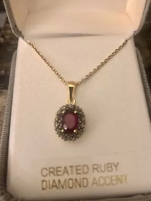 Vintage NIB Created Ruby Diamond Accent  Necklace 18kt Over Sterling Silver • $25