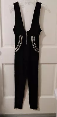 Vtg FILLE A SUIVRE Paris France Stretchy Black Catsuit Jumpsuit Pleats XS • $20