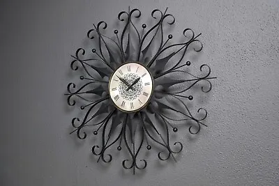 Mid Century Modern Elgin Black Wrought Iron Star Burst Clock - 26” • $124.99