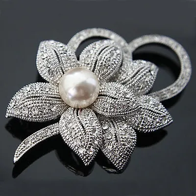 £6.99 • Buy Vintage Silver Or Gold Flower BROOCH Pin Wedding Crystal Rhinestone Pearl Broach