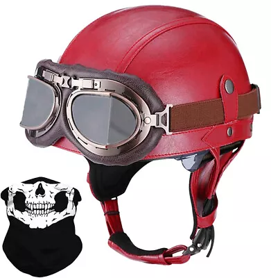 Leather Vintage Motorcycle Half Helmet Beanie Scooter Bike Cruiser W/Goggles US • $49.99