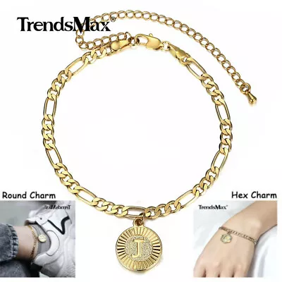 Gold Plated Initial Anklet Bracelet Stainless Steel Hex/Round A-Z Figaro Chain • $8.54