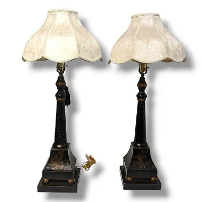 Pair Of Wooden Neoclassical Empire Lamps With Antique Shades Queen Anne Style • $89.99