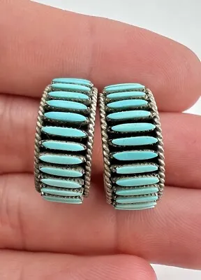 Vintage Zuni Sterling Silver Needle Point Turquoise Half Hoop Post Earrings • $137.08