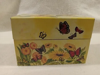 Vintage Tin Metal Recipe Box USA Syndicate MFG Co. Flowers Butterflies Yellow • $10.50