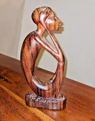 African Hand Carved Wood Sitting Man Holding Head Sculpture Dark Wood • $27