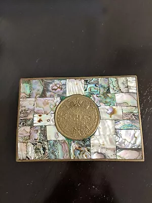 Vintage Brass  Abalone Box Taxco Mexico With Mayan Calendar Wood Lining • $28.50